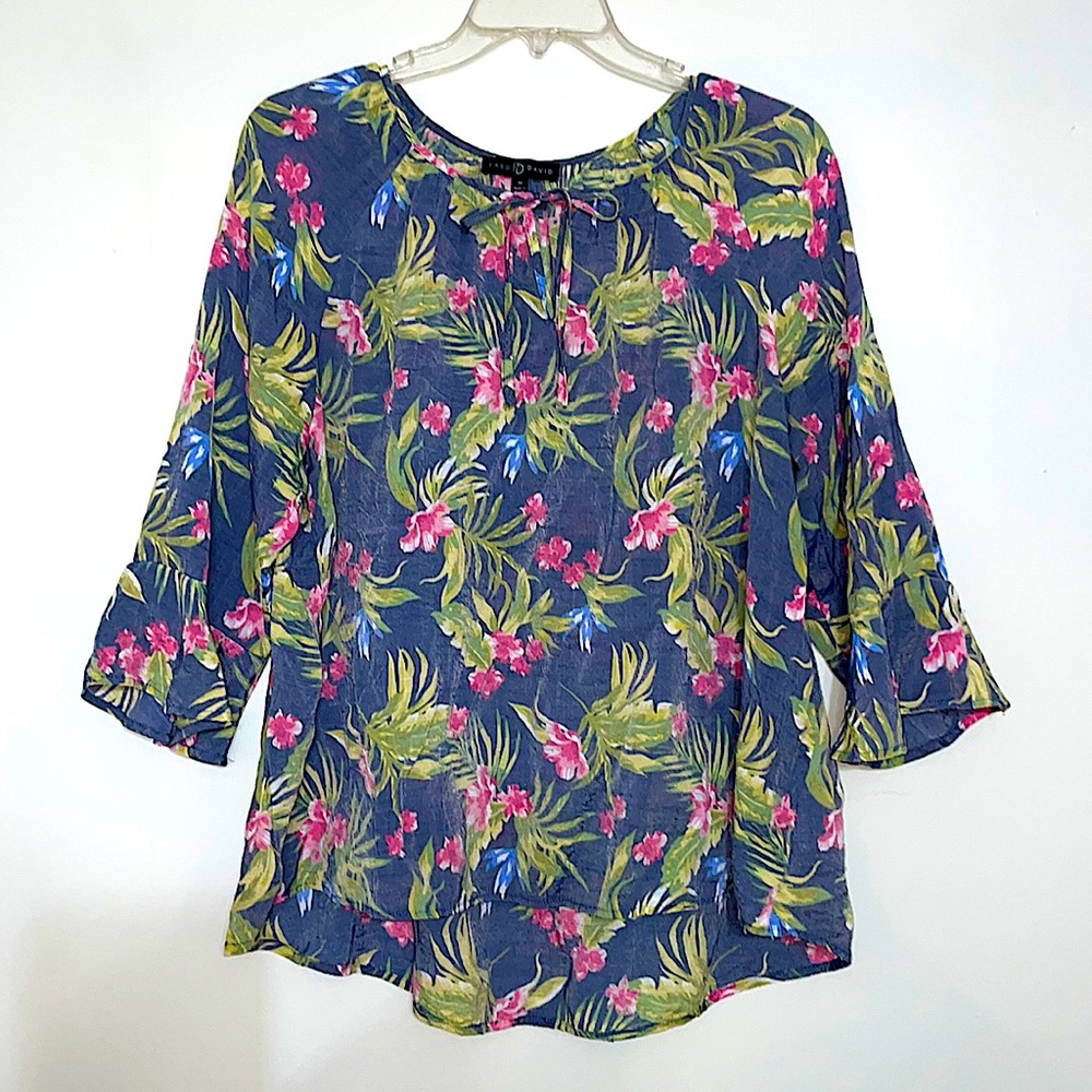 Fred David Womens Plus Sz Top 1X Tropical Floral Ruffle Cuffs Hi Lo Blouse 3/4